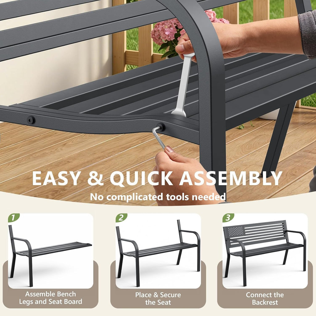 Outdoor Bench, Sturdy Metal Garden Bench with Classic Stars and Stripes Design Metal Backrest, 2-Person Patio Bench