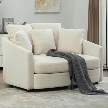 56" White Barrel Chaise Lounge Chair,Oversized Barrel Accent Chair with 2 Cushions and 3 Throw Pillows,Extra Deep