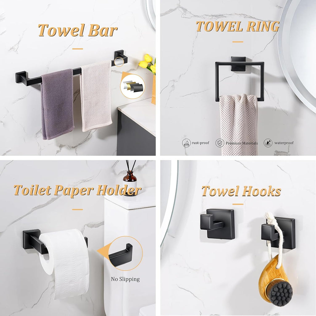 Bathroom Hardware Accessories Set 5 Pieces Matte Black Towel Bar Set, Wall Mounted Towel Rack Toilet Paper Holder