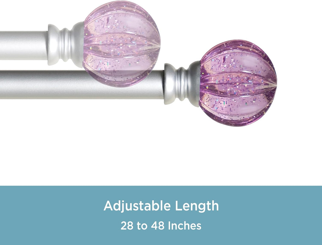 Estrella Curtain Rod, Durable Steel with Purple Sparkle Fluted Acrylic Ends, 5/8" Diameter, Adjustable 28-48"
