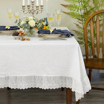 Vintage White Ruffle Tablecloth Retro Farmhouse Ruffled Cotton Tablecloth Rustic Embroidered Washabl