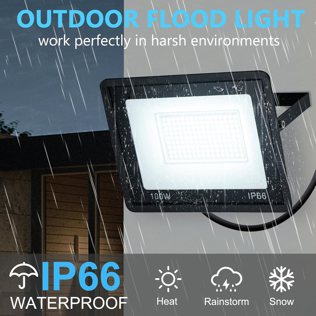 2-Pack 100W LED Flood Light for Yard | IP66 Waterproof Exterior Security Outdoor Flood Light with Plug for