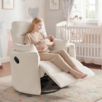 Oversized Nursery Rocking Chair, 360° Swivel Glider Recliner Chair, Chenille Silent Nursery Chair with 2 Pillows and