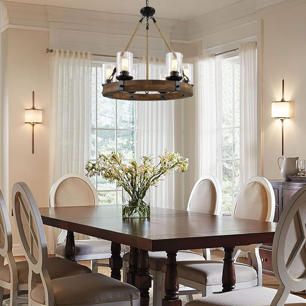 Inspired Camino Style Chandelier - Rustic 6 Light Round Wood Wagon Wheel Chandelier with Seeded Glass Shade, Farmhouse for Dining Room, Kitchen Island, Foyer and Entryway