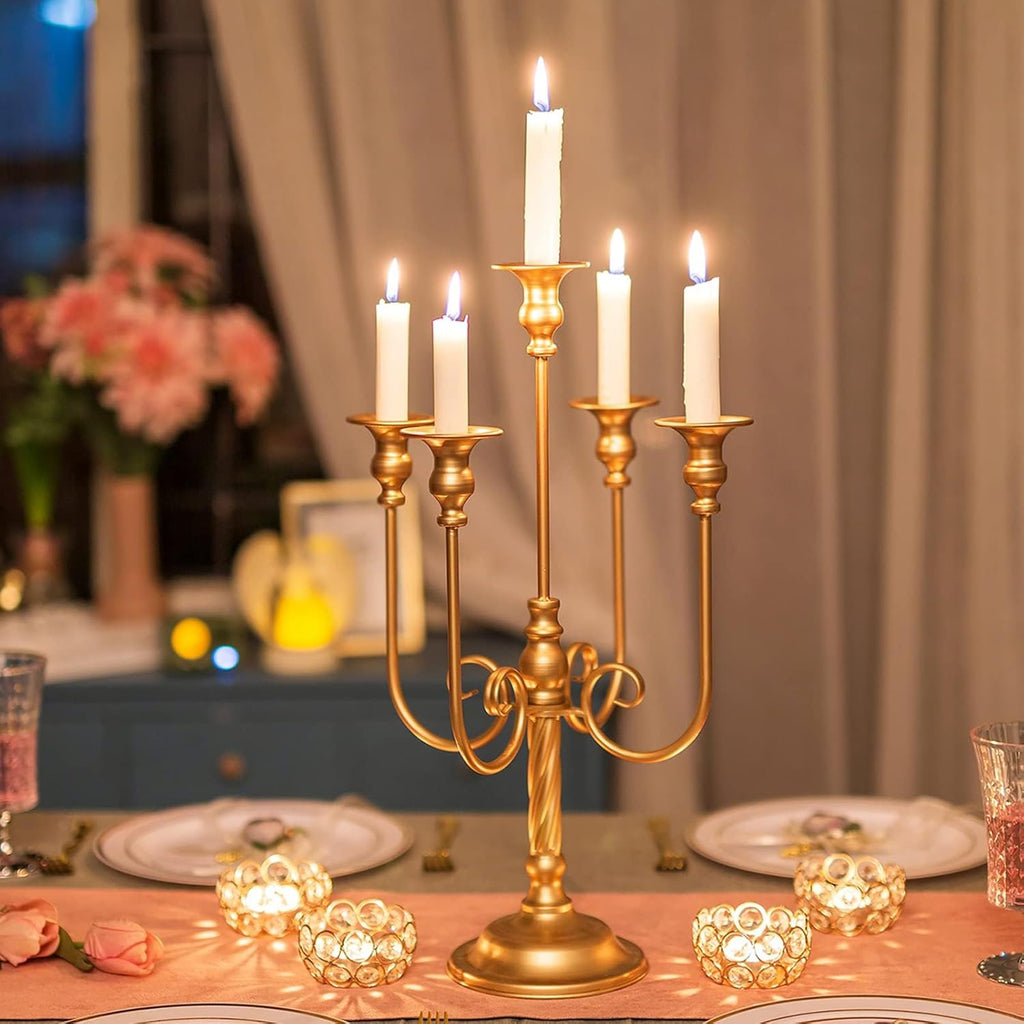 Metal Candelabra Gold Candle Stand 20in Tall, 5-Candle Candlestick Holder for Taper Candles, Candle Holder Party