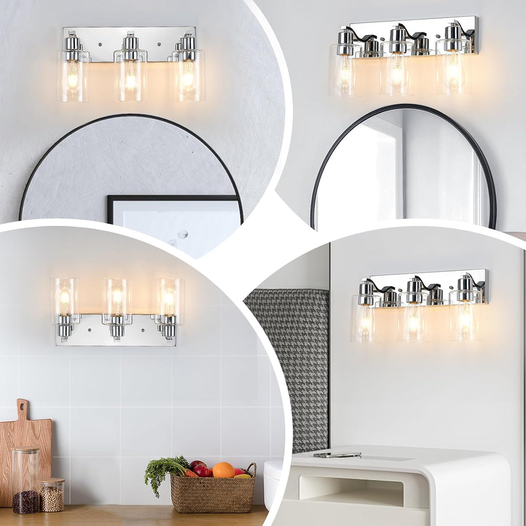 3 Lights Bathroom Light Fixtures Chrome Vanity Light with Clear Glass Shade 18in Modern Bathroom Lighting Fixtures