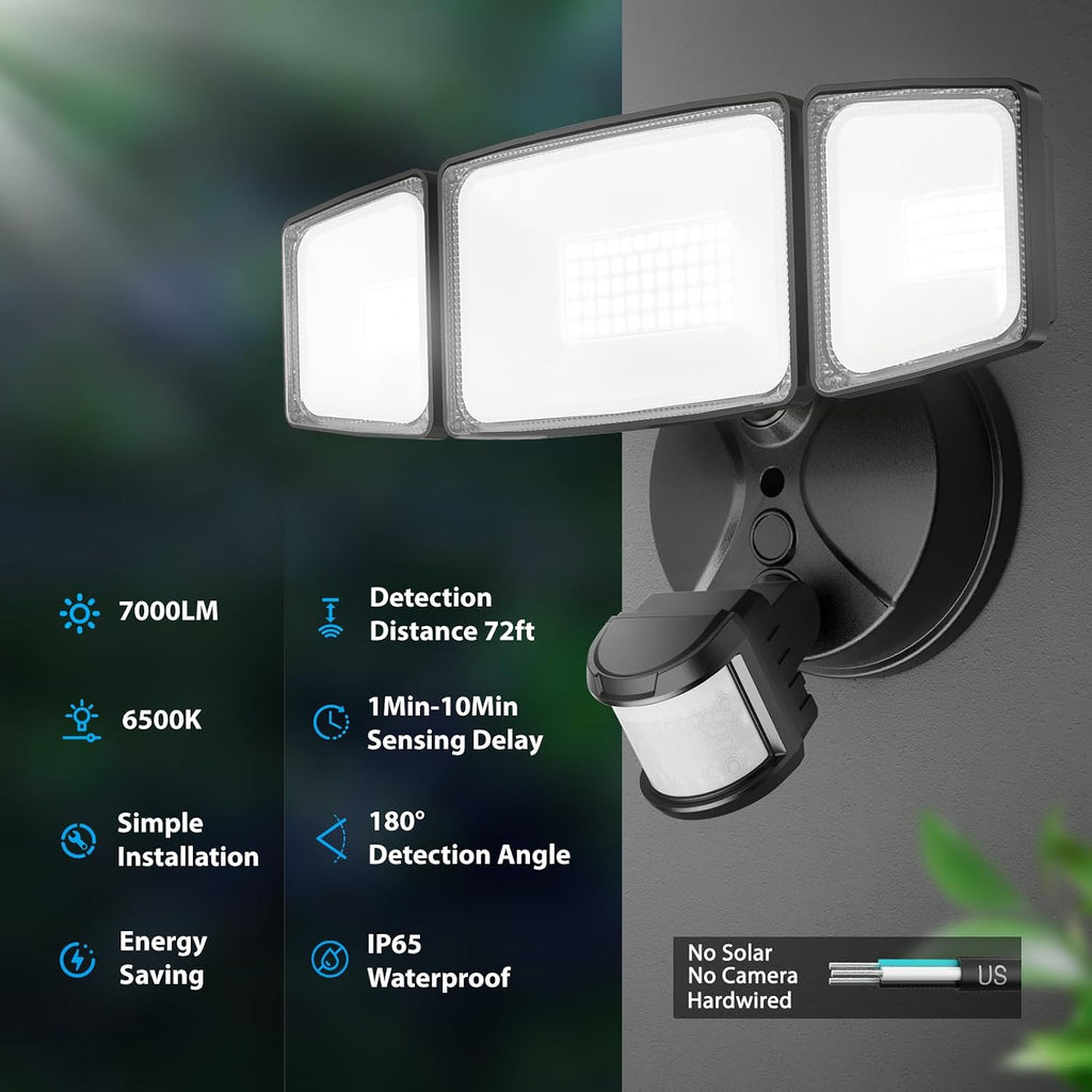 75W LED Flood Light Motion Sensor Outdoor, 7000lm Dusk to Dawn Flood Light, Security Light with Three Head, IP65