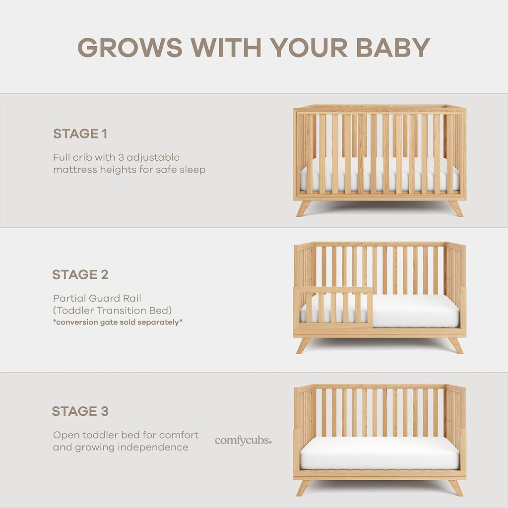 Crib for 0 to 3 Years - Adjustable Mattress Height, Natural Wooden Crib for Baby, Elegant Nursery Furniture, Designed