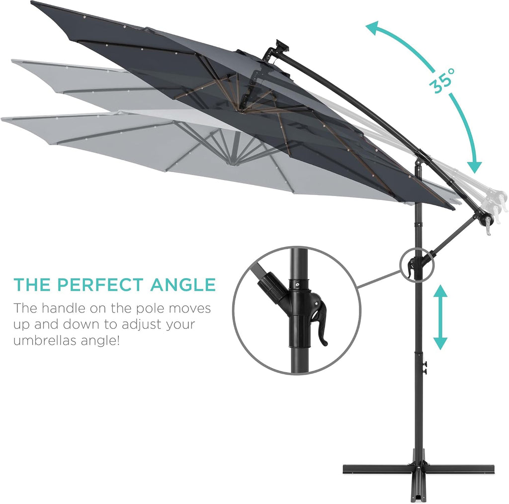 10ft Solar LED Offset Cantilever Hanging Market Patio Umbrella, 8 Sturdy Ribs, Easy Adjustment - Slate