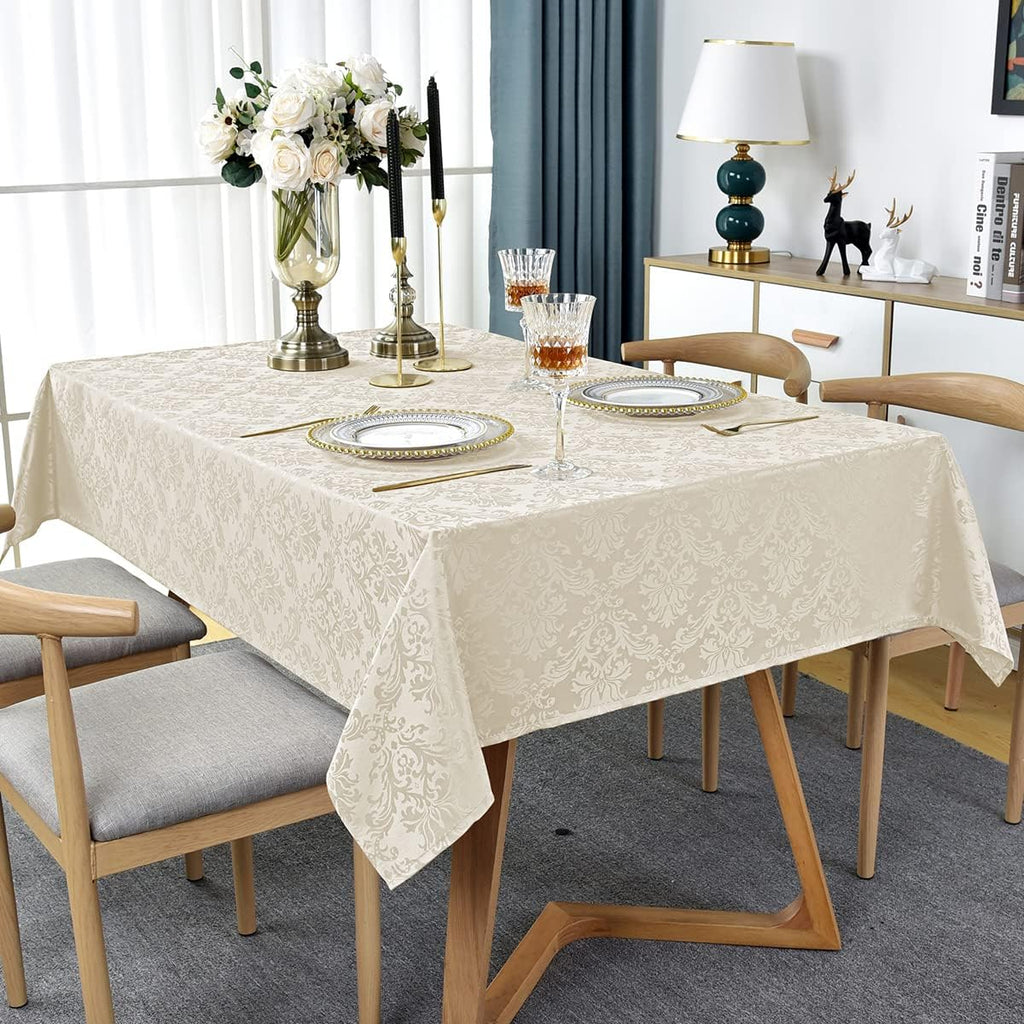 Jacquard Tablecloth Rectangle 60 x 102 Inch Beige, Spill Proof Washable Damask Table Cloth, Soft Pol