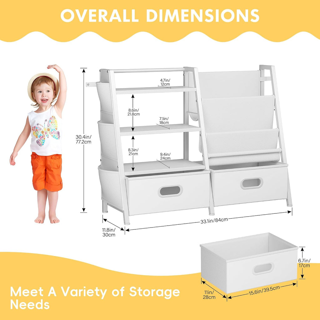 Kids Bookshelf and Toy Storage Organizer, 3 Tier Kids Bookcase, Sling Bookshelf and 2 Toy Bins with Toy Storage
