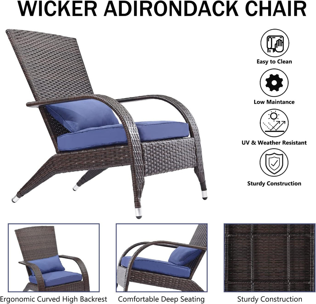 Outdoor Wicker Adirondack Chairs Set 2 Rattan Fire Pit Chairs Oversized Comfy Relax Accent Patio Chairs with Soft