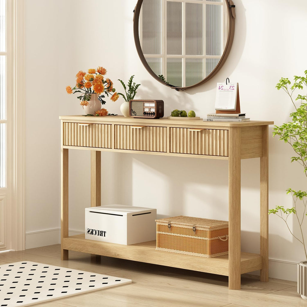 Fluted Wood Console Table with 3 Drawers, Boho Narrow Behind Couch Entryway Table with Open Storage Shelf, Modern