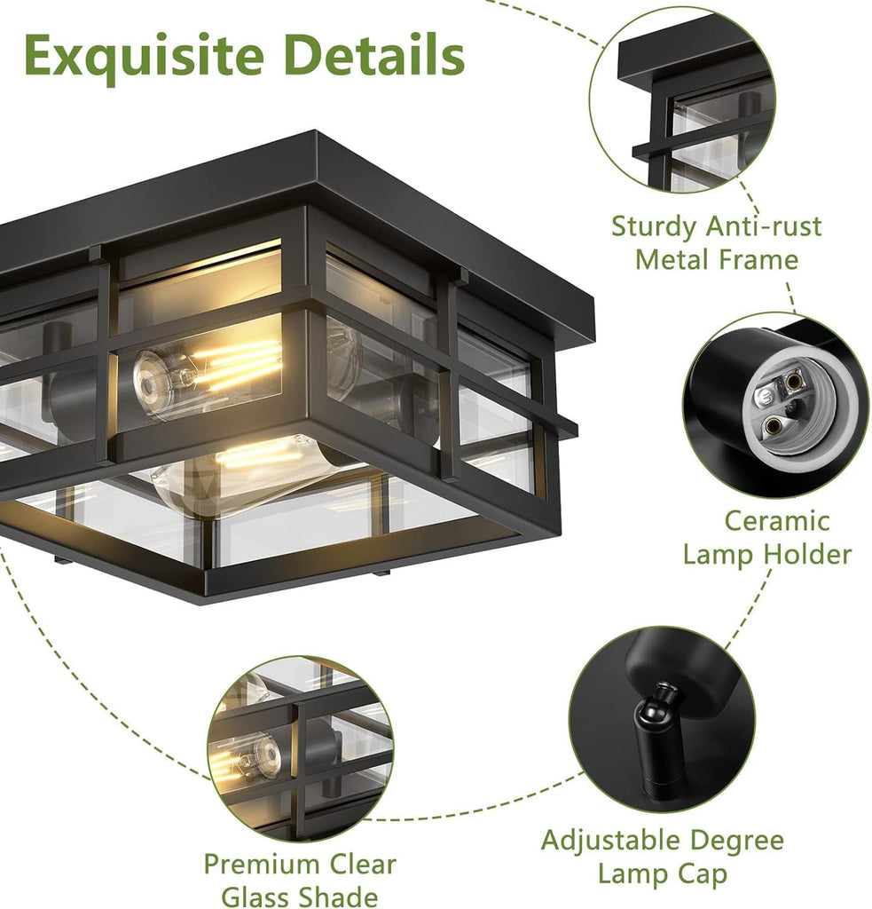 Modern Outdoor Ceiling Light Fixtures, 2-Light Black Flush Mount Light Fixtures with Clear Glass Shade