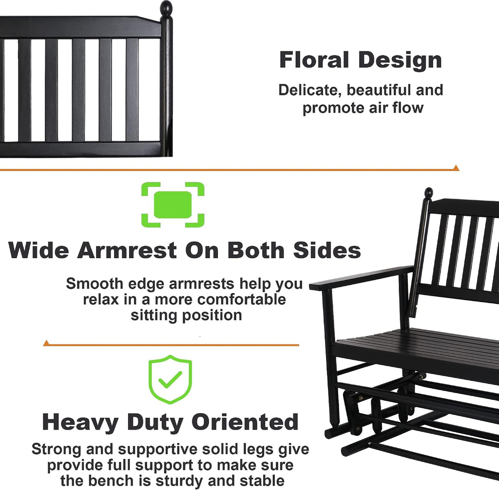 Patio Glider Bench Outdoor, Porch Swing Glider for Outside, Wooden 2-Person Loveseat Rocking Bench Funiture, Black