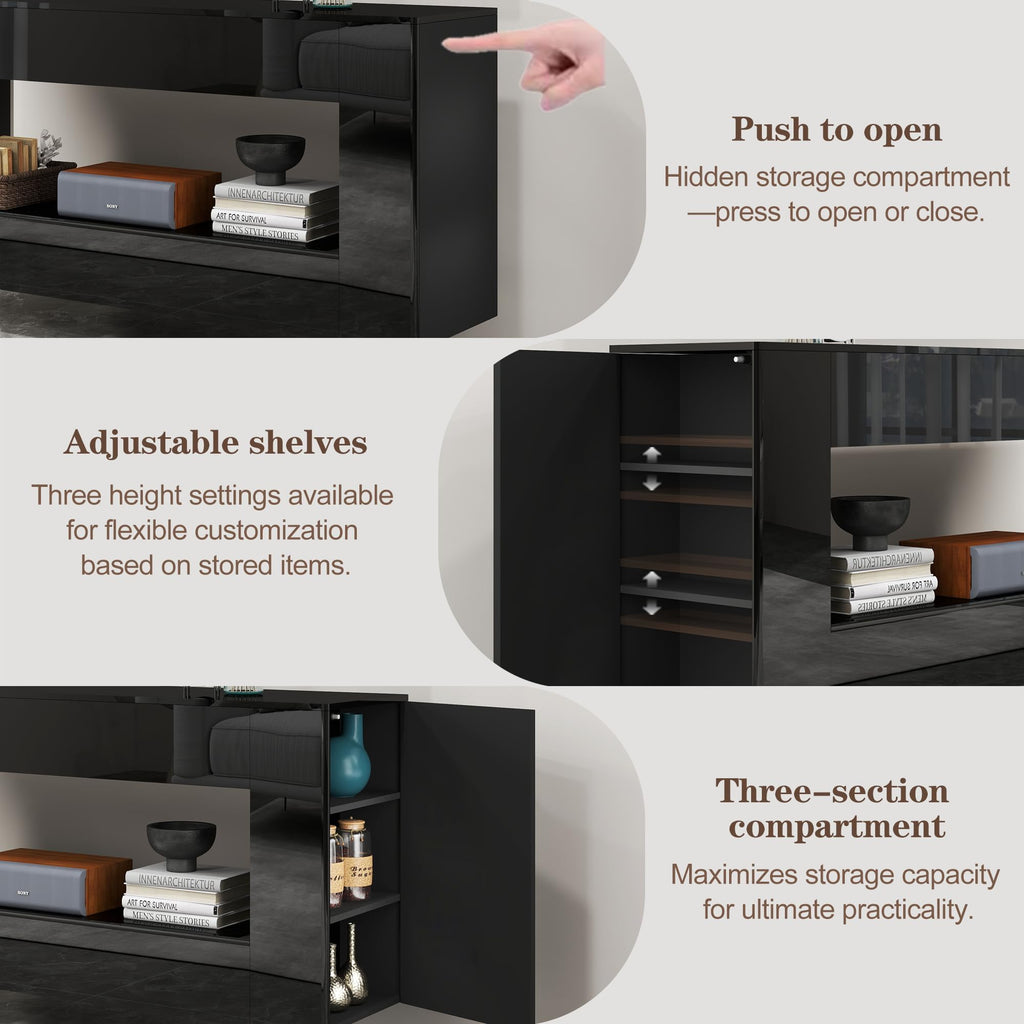 55" with 2 Drawers & Hidden Storage Cabinets, High Gloss Black