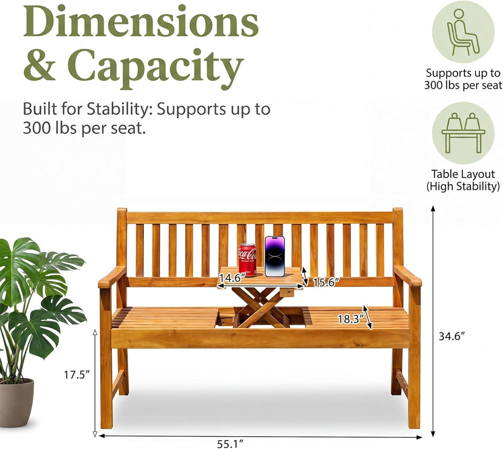 Acacia Wood Outdoor Bench, 2-Person Garden Bench with Pull-Out Table | Sturdy Patio Bench Porch Bench, Wooden Bench