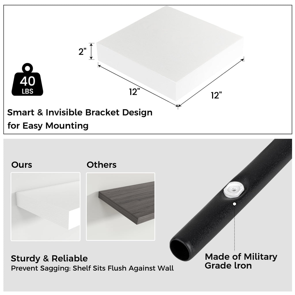 12 Inch Floating Shelves for Wall, Square Storage Shelves, White Finish