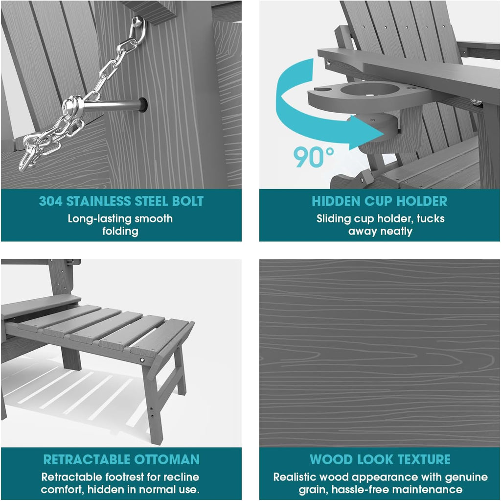 Folding Adirondack Chairs, Outdoor Patio Fire Pit Chairs | Adjustable HDPE Chairs with Footrest, Retractable Ottoman