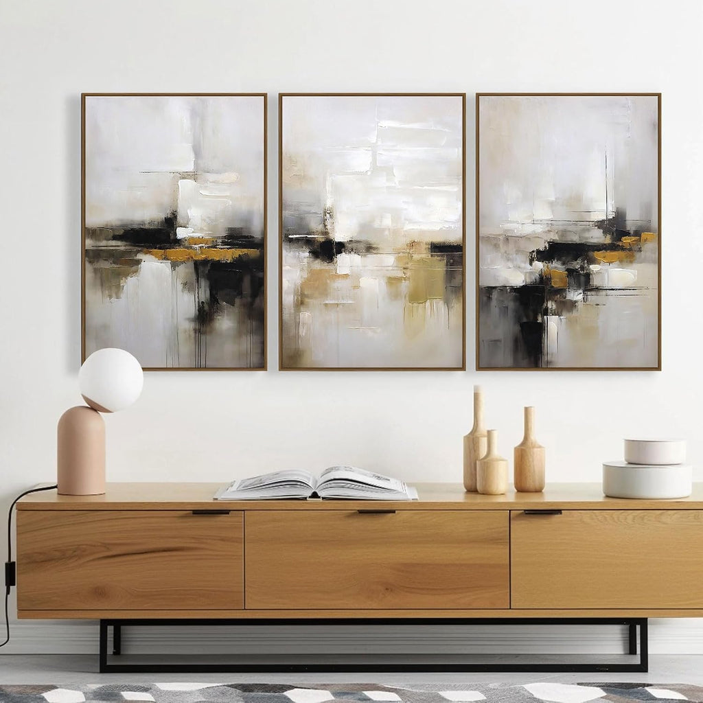 Neutral Abstract Wall Decor Mid Century Modern Framed Wall Art, Black and Brown Grunge Wabi Sabi Art Print Canvas Set