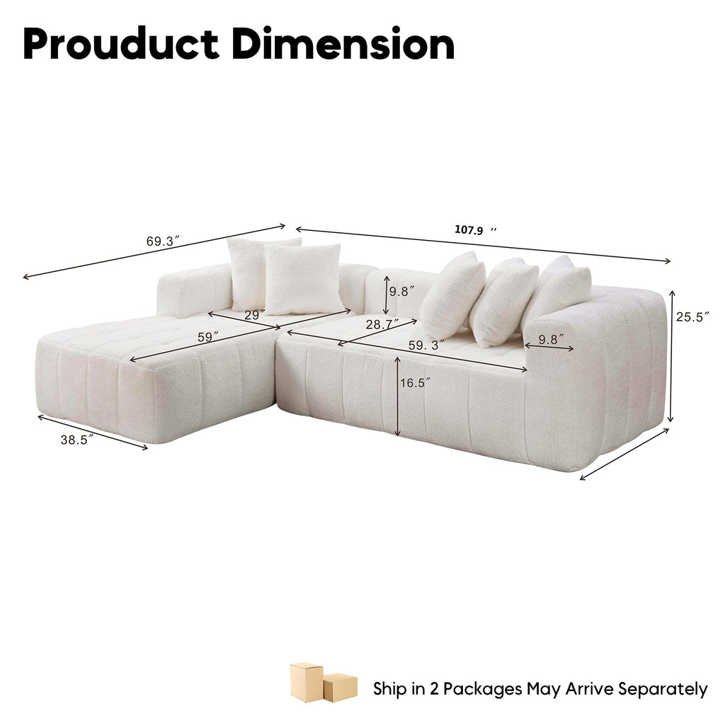 108" Tufted Boucle Cloud Boneless Sectional Sofa, Left Chaise, White
