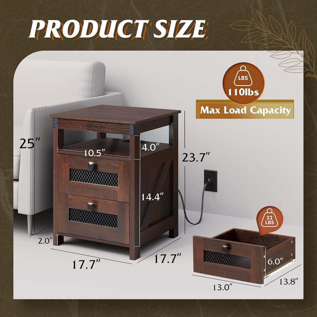 Nightstand with Charging Station, Farmhouse End Table, Bed Side Table with 2 Storage Drawers and Open Shelf, Wood