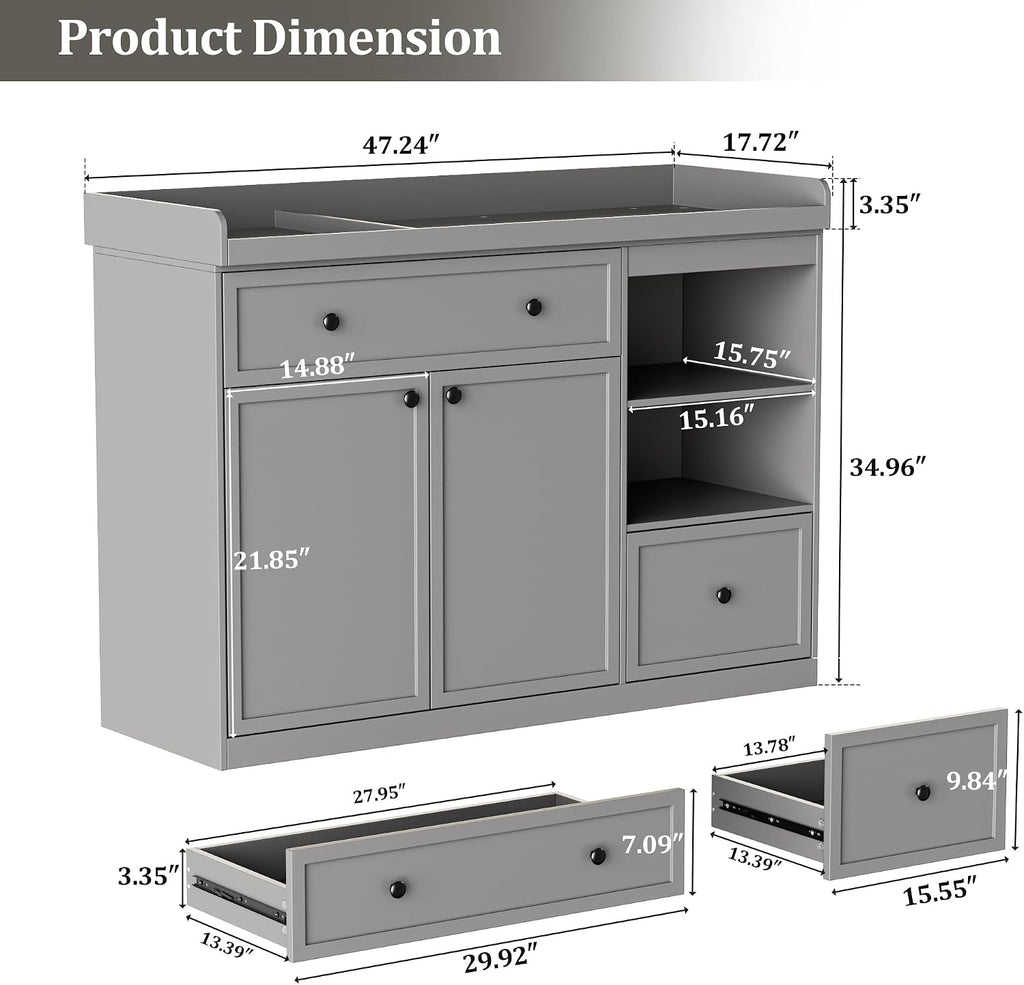 Wide Baby Changing Table Dresser with 2 Doors, 2 Different Size Drawers &Storage Cubbies, Durable Wood Construction