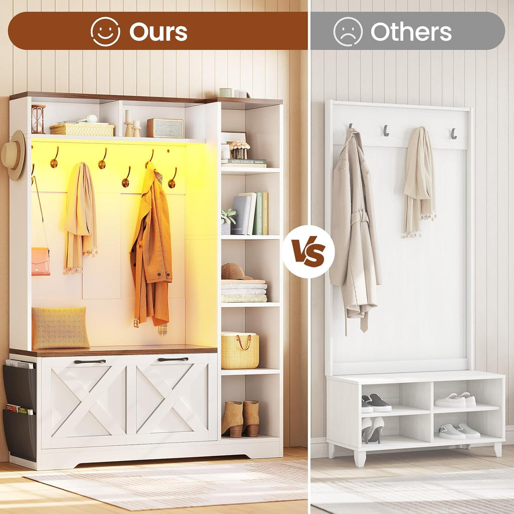 Hall Tree with Bench and Shoe Storage, Farmhouse Entryway Bench with Coat Rack, Shoe Cabinet with Flip Drawers, 7
