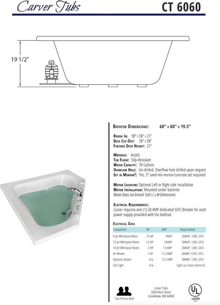 Tubs - CT6060 - Acrylic Fiberglass Soaking Classic Corner Bathtub - White Triangle Two Person Acrylic bath tubs for