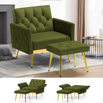 Velvet Accent Chair w/Adjustable Armrests and Backrests, Tufted Single Sofa with Ottoman, Upholstered Reading Chiar