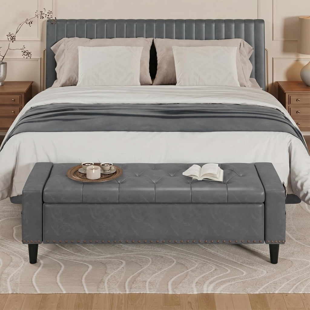60" Storage Ottoman Bench, Faux Leather Upholstered Bed Bench, Grey
