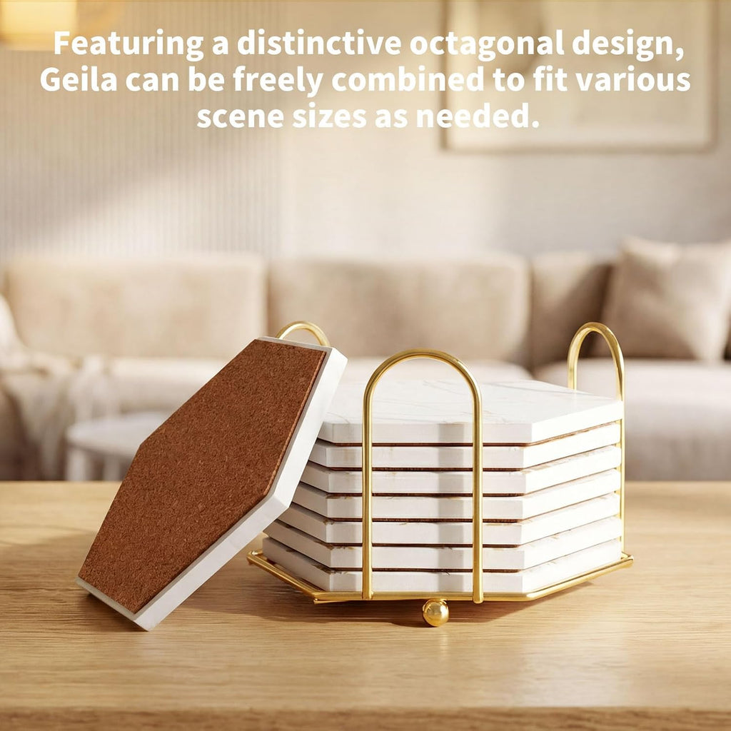 Marble Coasters for Drinks Absorbent with Cork Base, Drink Coasters for Wooden Table with Metal Holder, Gold - Set of 8