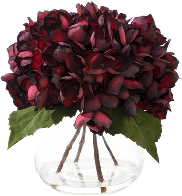 Burgundy Artificial Hydrangea Arrangement in Glass Vase with Faux Water, Lifelike Faux Hydrangea Flowers, Floral