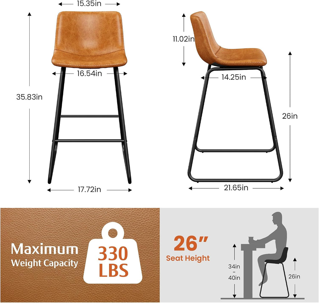 Bar Stools Set of 4, PU Leather Counter Height Bar Stools, 26" Modern Barstools with Metal Legs and Footrest, Urban