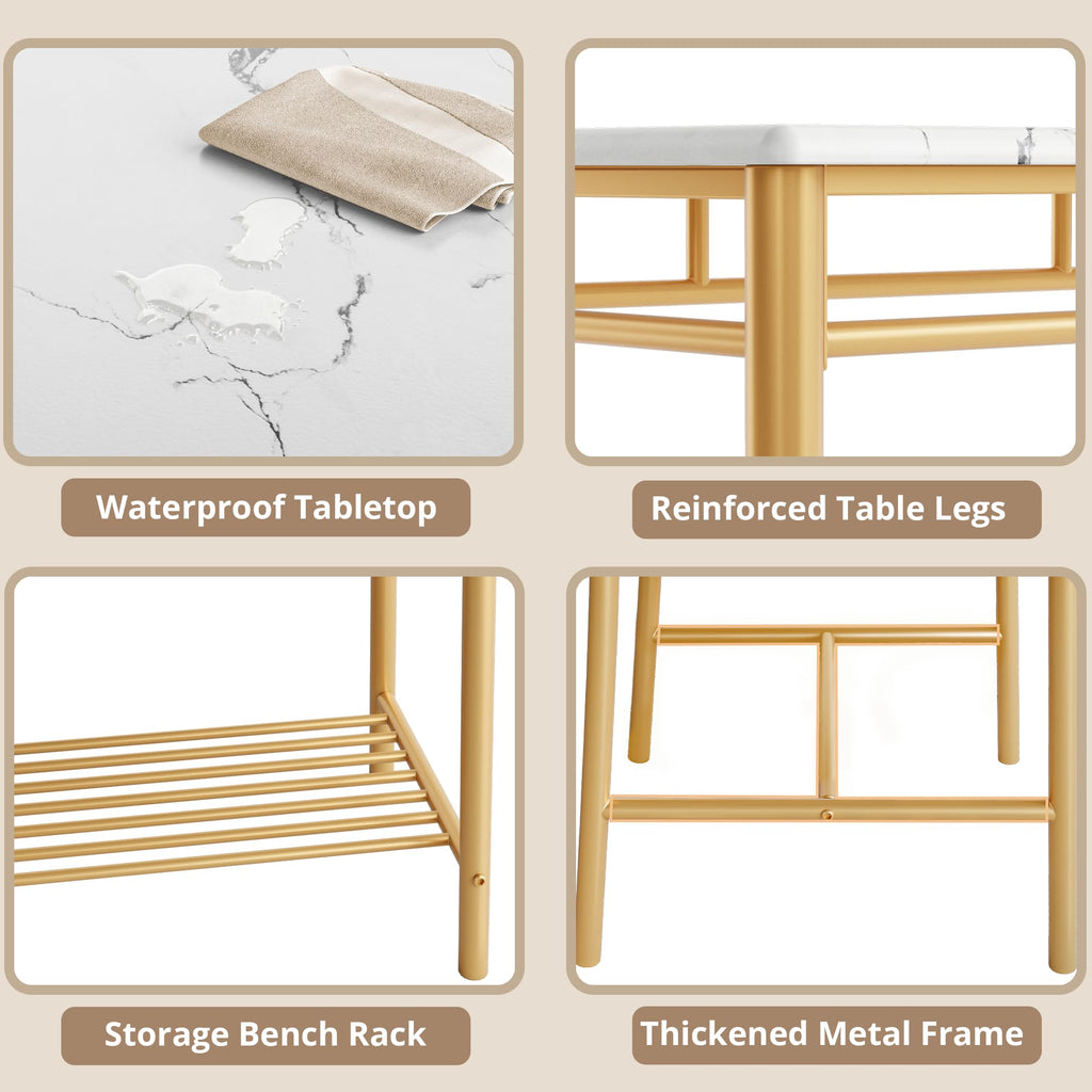 Dining Table Set for 4, Kitchen Table and Chairs Set, White & Gold