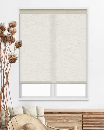 Custom Size Free-Stop Cordless Roller Shades Light Filtering Natural Woven Linen Fabric UV Protection Privacy Roller