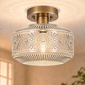 Semi Flush Mount Ceiling Light, Brass Thick Glass Fixture | Thick Glass Shade Creates Soft Warm Glow, Semi Flush