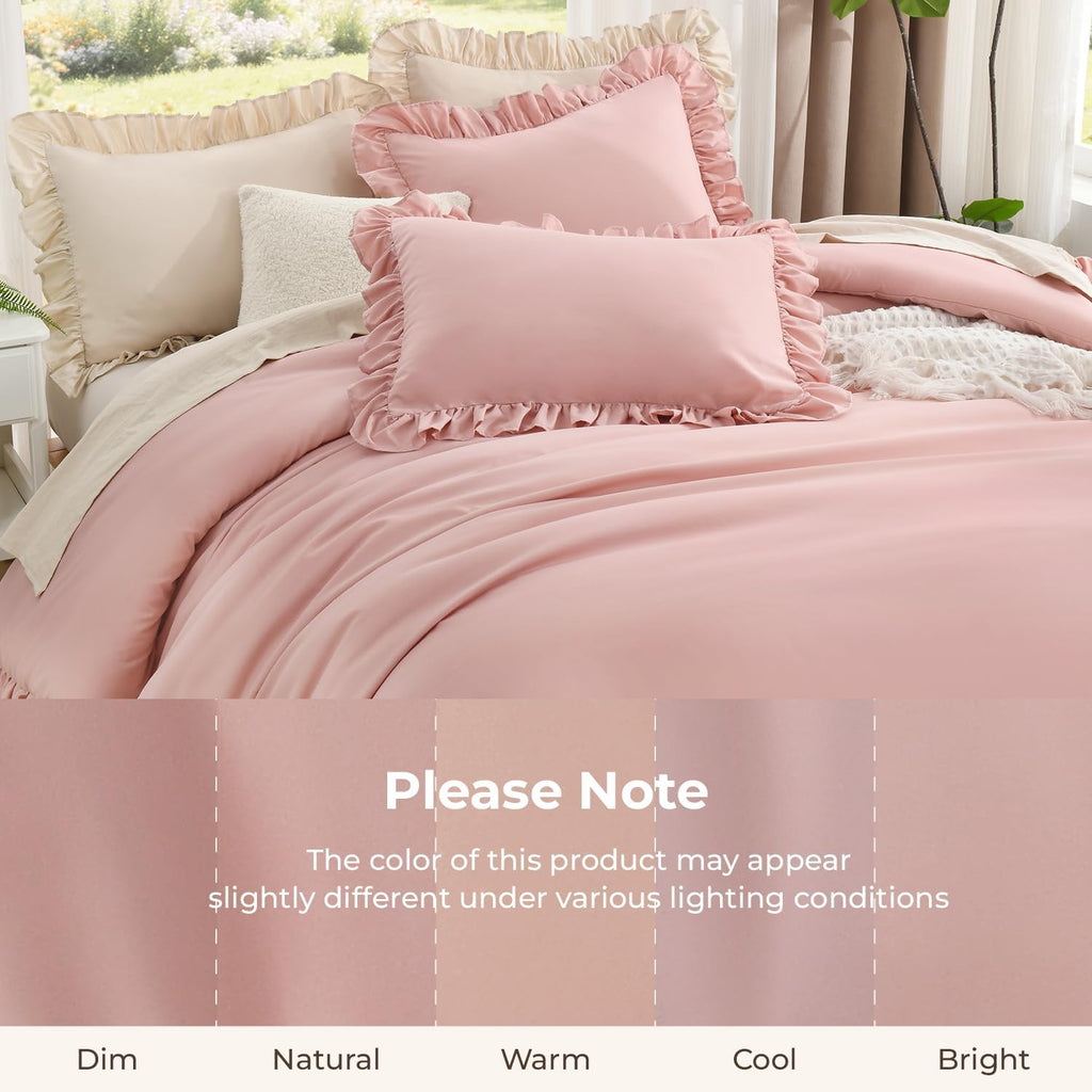 Comforter Sets, 3 Pieces Blush Pink Ruffle Girls Women Cute Bedding Comforters & Sets, Lightweight Fluffy