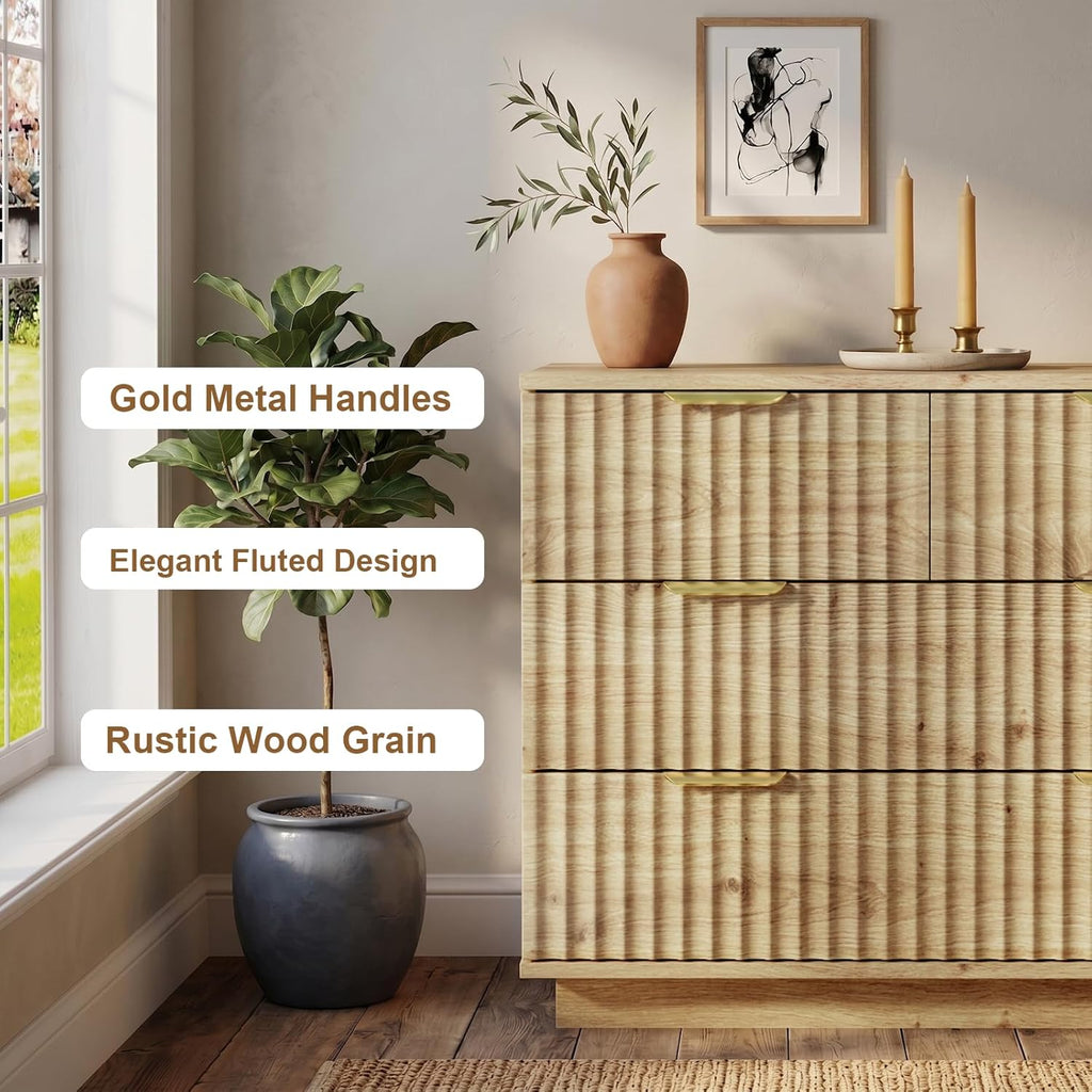 Oversized Fluted Night Stand with Drawers, Natural Wood Grain Bedside Table with 4 Extra Deep Drawers & Gold Metal