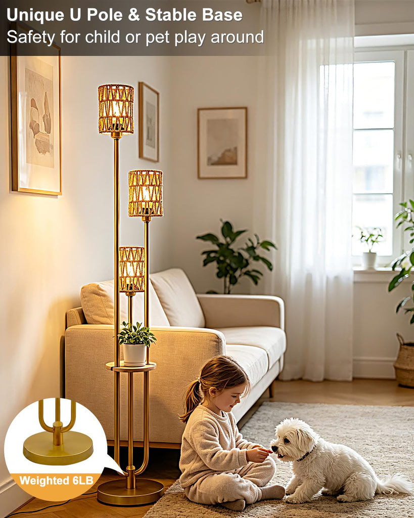 Dimmable Boho Floor Lamps with 5Lbs Heavy Base, 3-Lights Rattan Floor Lamp with Shelves Rustic Gold Standing Lamp