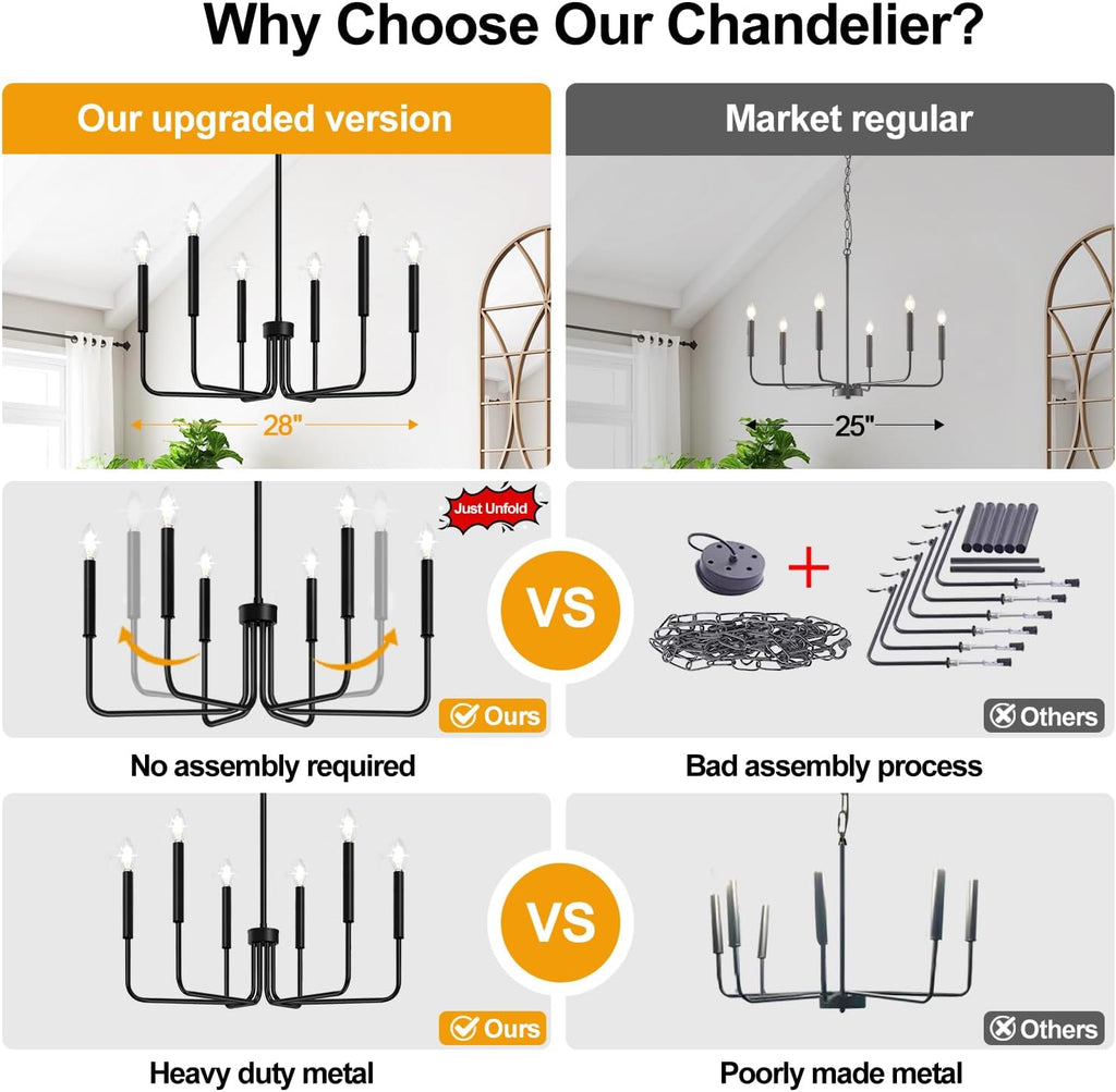 Black Chandelier, 6-Light Farmhouse Chandelier for Dining Room Lighting Fixtures Hanging