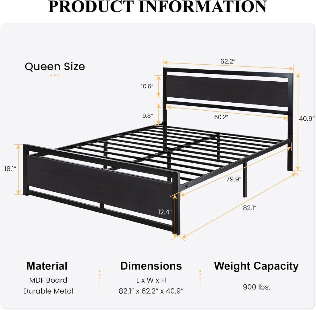 Queen Bed Frame with Modern Headboard, Heavy Duty Platform Metal Base with Square Footboard and 13 Strong Slats
