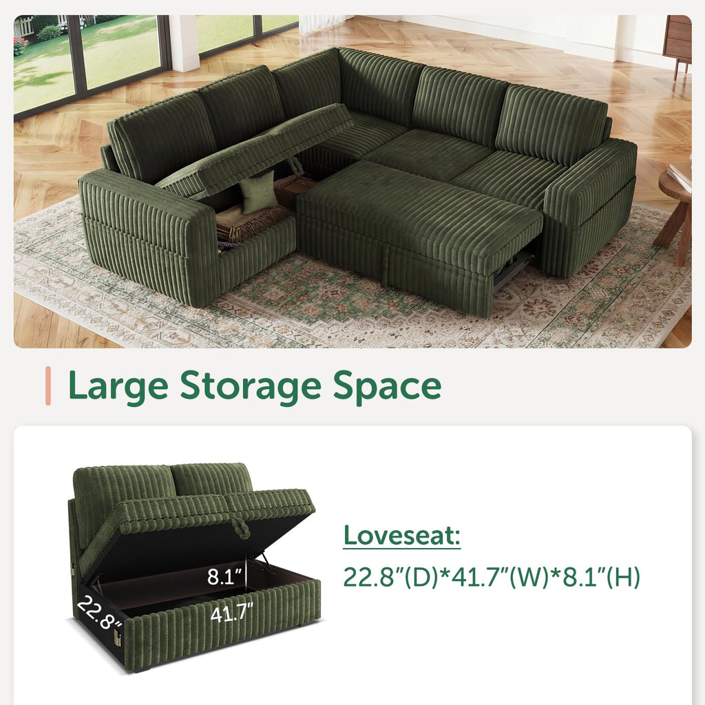 Corduroy L Shaped Sectional Sleeper Sofa with Pull Out Bed, Green