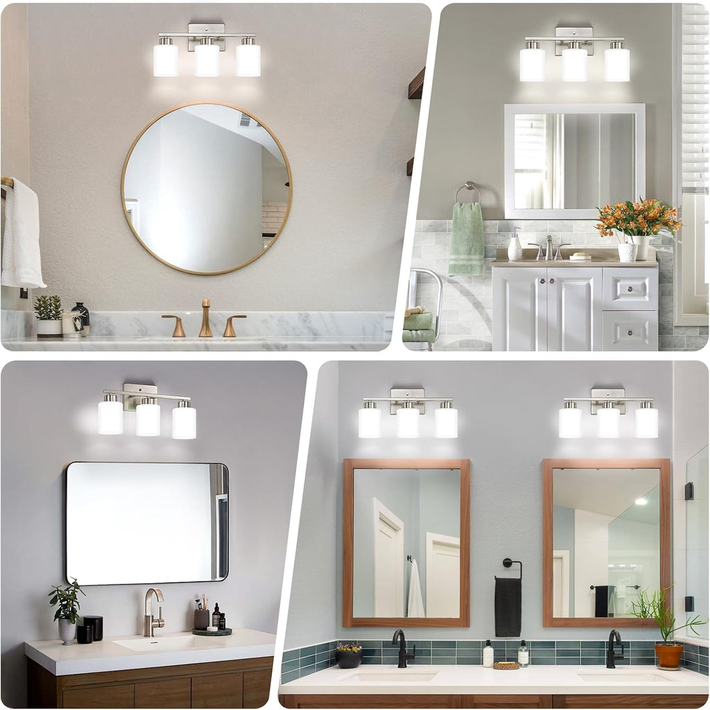 Brushed Nickel Bathroom Light Fixtures Vanity Lights Over Mirror | Modern 3-Light lighting fixtures with Milky White