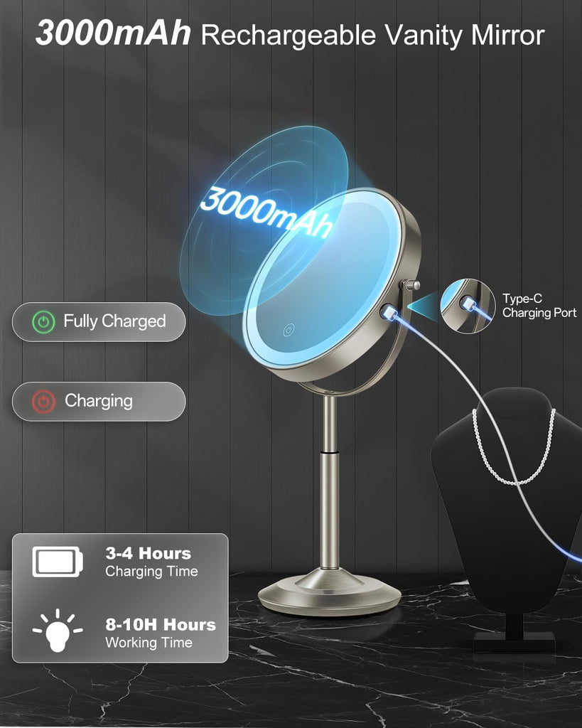 Makeup Mirror with Lights, 1X/30X Lighted Magnifying Mirror Height Adjustable, 3000mAh Rechargeable Double Sided