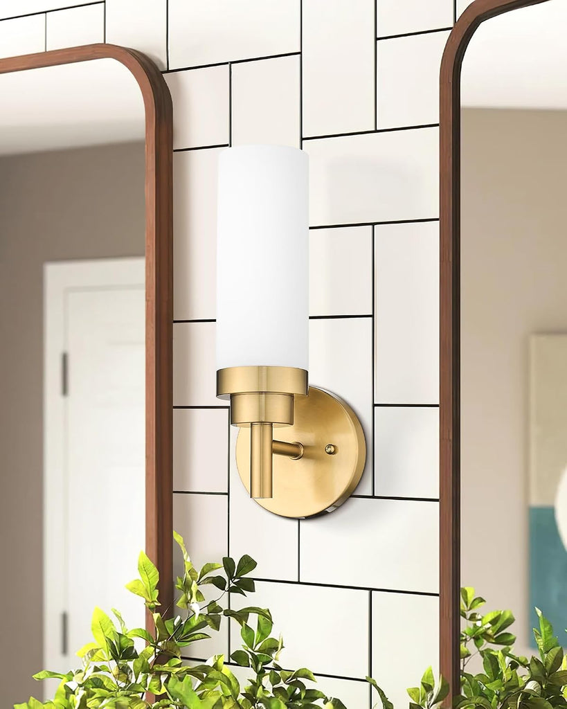 Wall Sconces Set of 2, Modern Brushed Gold Bathroom Vanity Sconce Wall Lighting with Milk Glass Shade for Bathroom