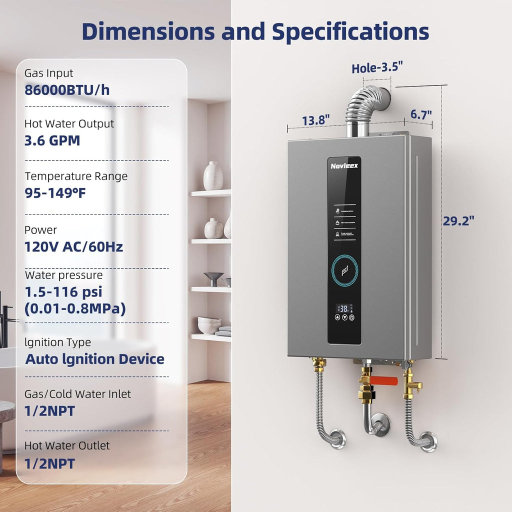 Tankless Water Heater, Novieex On Demand Water Heater Natural Gas, Up to 3.6 GPM, 86