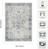 5x7 Washable Vintage Boho Area Rug, Low Pile Non-Slip Carpet Light Blue