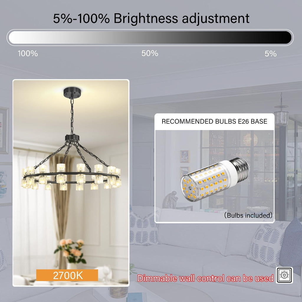 Inspired Arcachon Style Round Wagon Wheel Chandelier, 32" 32-Light Black, Extended 32" Chain — Foyer, Dining & Living Room