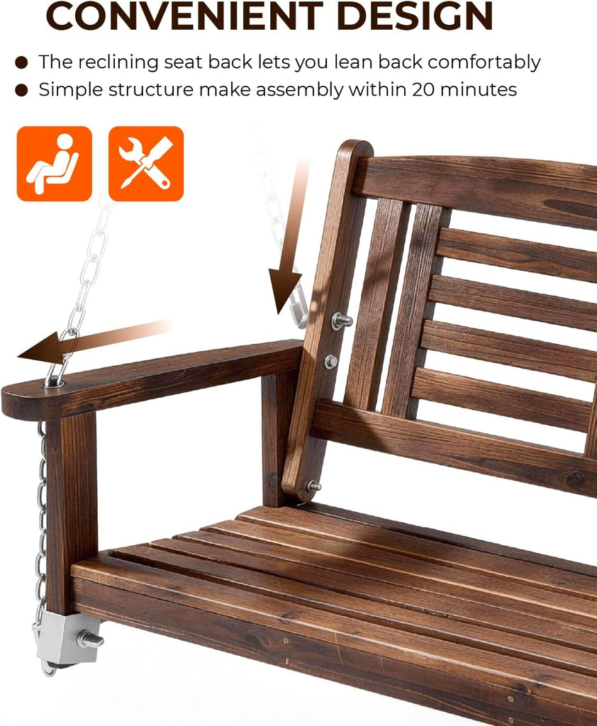 Wooden Porch Swing, Outdoor Patio Swing, 44" Swing Bench with Hanging Chains and Reclined Backrest for Deck